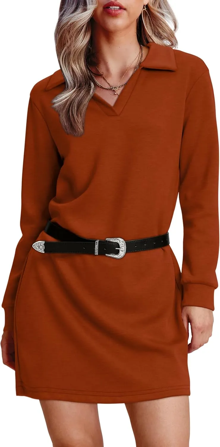 WIHOLL Womens Long Sleeve Lapel Collared V Neck Sweatshirt Dress Loose Fit Solid Color Mini Dresses Fall 2024