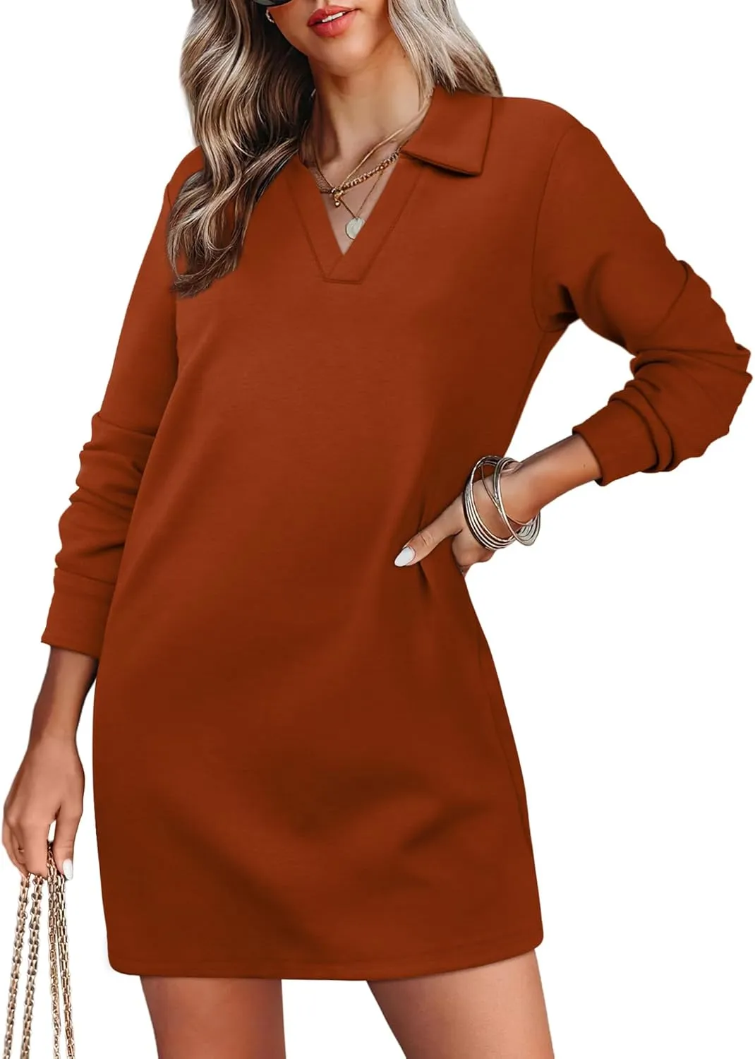 WIHOLL Womens Long Sleeve Lapel Collared V Neck Sweatshirt Dress Loose Fit Solid Color Mini Dresses Fall 2024
