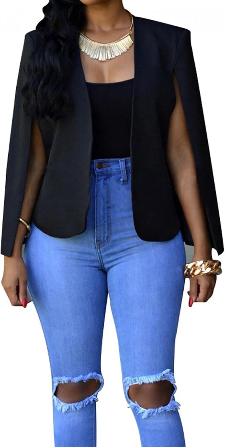 Women Cape Blazer Split Sleeve Open Front Casual Jacket Loose Short Cloak Coat Cardigan Business Office Workwear