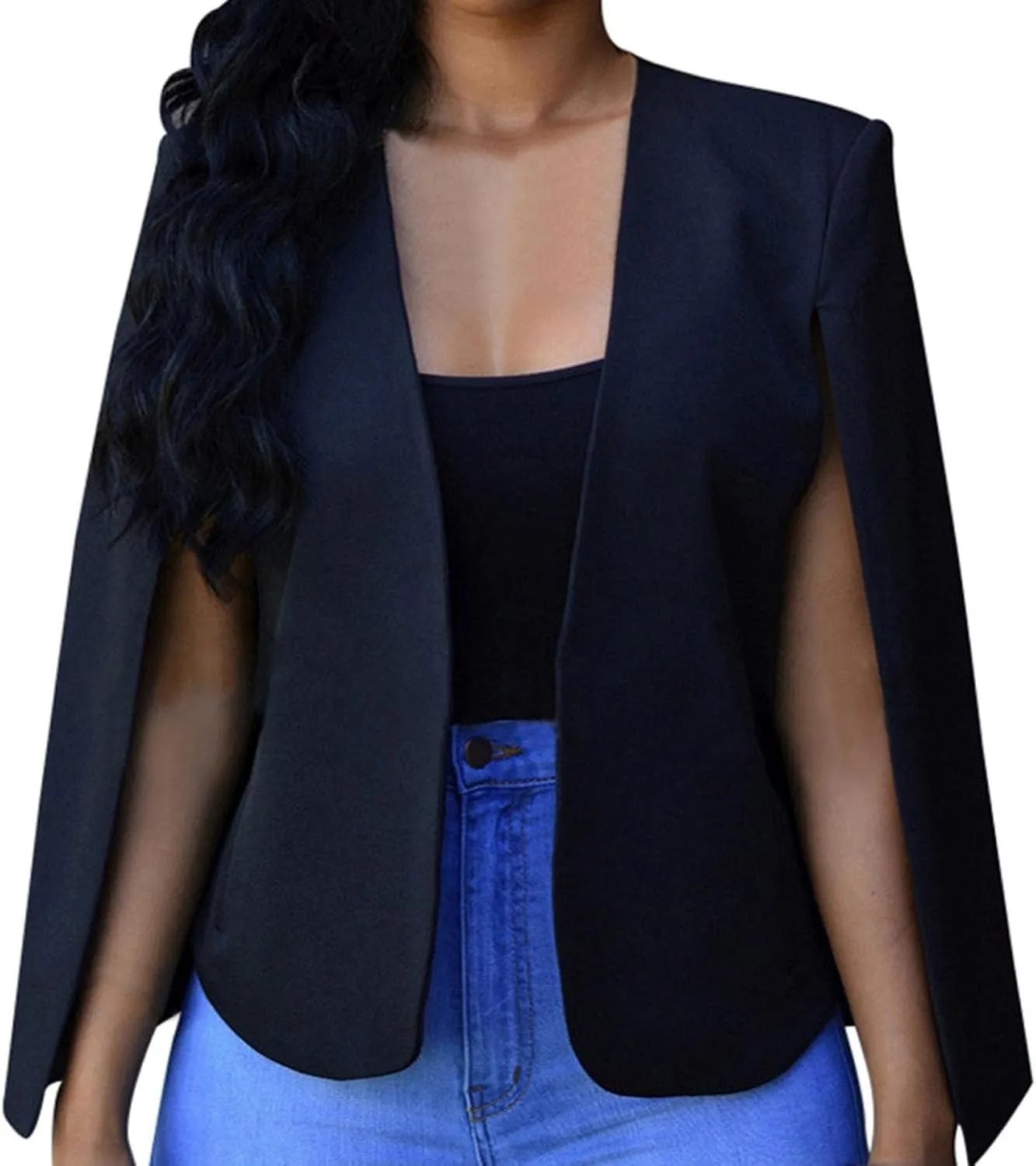 Women Cape Blazer Split Sleeve Open Front Casual Jacket Loose Short Cloak Coat Cardigan Business Office Workwear
