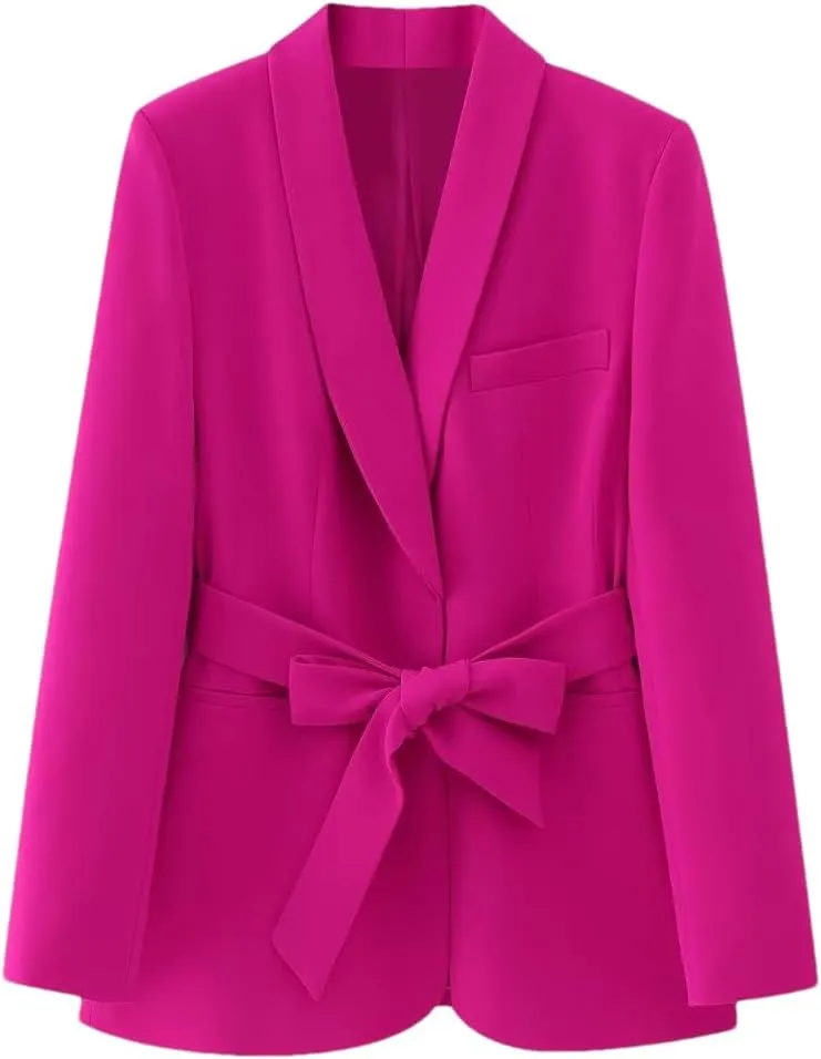 Women Orange Long Blazer Jacket Long Sleeve Single Breasted Belt Basic Office Blazers