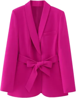 Women Orange Long Blazer Jacket Long Sleeve Single Breasted Belt Basic Office Blazers