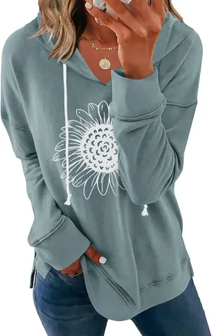 Women Sunflower Graphic Hoodies Long Sleeve Pullover Drawstring Sweatshirt Loose Fit Tunic Tops