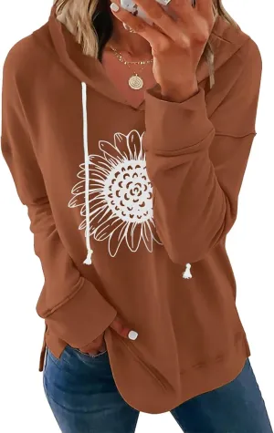 Women Sunflower Graphic Hoodies Long Sleeve Pullover Drawstring Sweatshirt Loose Fit Tunic Tops