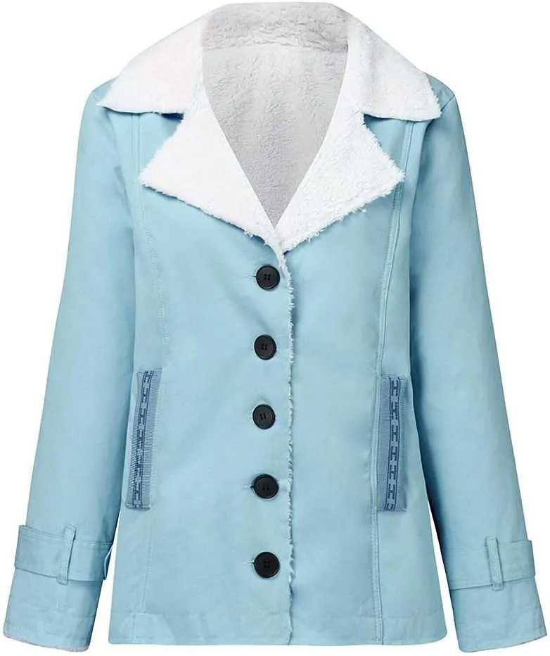 Womens Casual Sherpa Fleece Lined Denim Jackets Plus Size Warm Winter Lapel Collar Faux Fur Oversized Button Down Coat