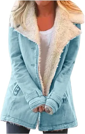 Womens Casual Sherpa Fleece Lined Denim Jackets Plus Size Warm Winter Lapel Collar Faux Fur Oversized Button Down Coat