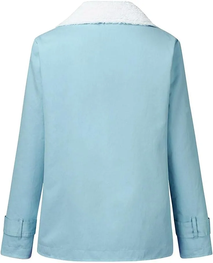 Womens Casual Sherpa Fleece Lined Denim Jackets Plus Size Warm Winter Lapel Collar Faux Fur Oversized Button Down Coat