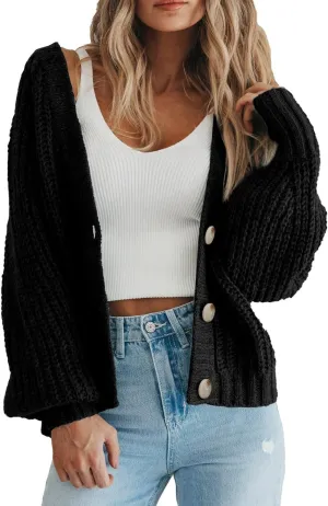 Womens Chunky Knit Pure Colour Open Front Sweater Long Sleeve Button Loose Short Cardigan Outerwear Coats