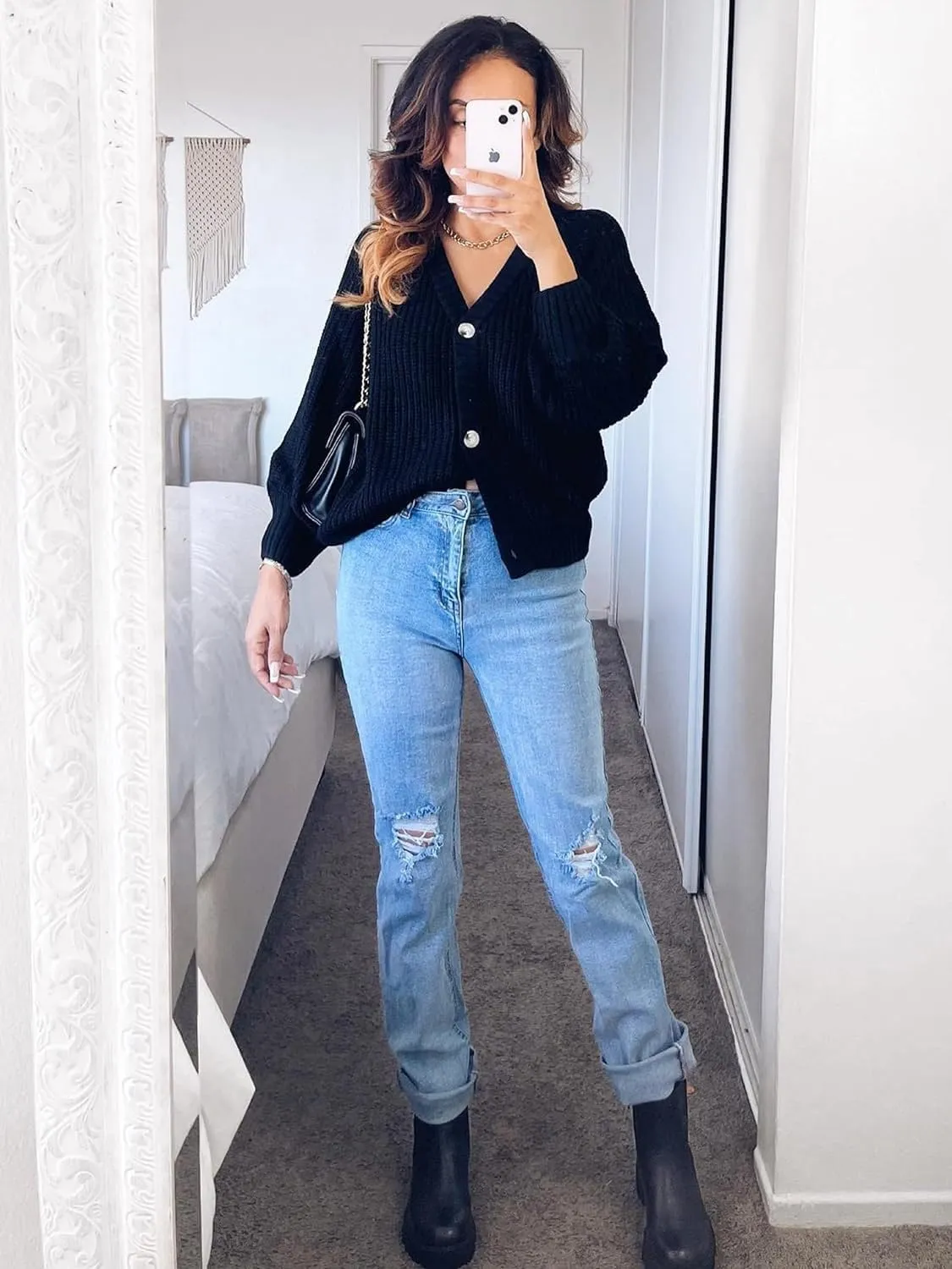 Womens Chunky Knit Pure Colour Open Front Sweater Long Sleeve Button Loose Short Cardigan Outerwear Coats