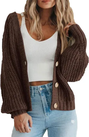 Womens Chunky Knit Pure Colour Open Front Sweater Long Sleeve Button Loose Short Cardigan Outerwear Coats