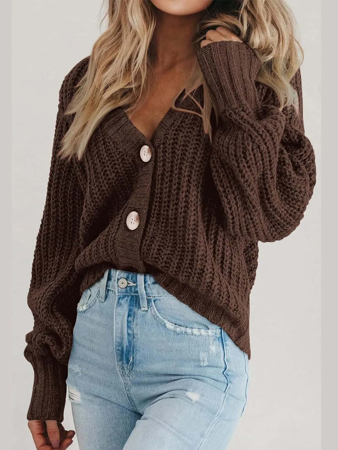 Womens Chunky Knit Pure Colour Open Front Sweater Long Sleeve Button Loose Short Cardigan Outerwear Coats