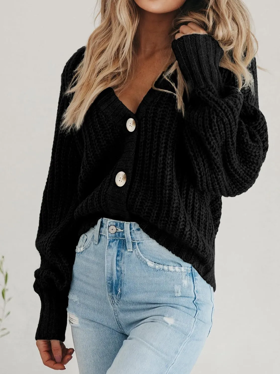 Womens Chunky Knit Pure Colour Open Front Sweater Long Sleeve Button Loose Short Cardigan Outerwear Coats