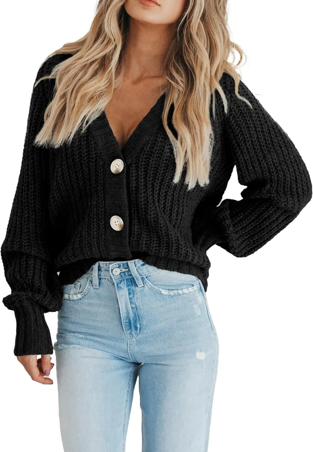 Womens Chunky Knit Pure Colour Open Front Sweater Long Sleeve Button Loose Short Cardigan Outerwear Coats
