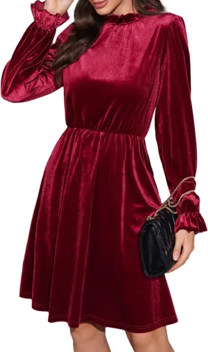 Womens Fall Velvet Dress, Crew Neck Long Sleeve Poet Cocktail Paneled Midi Dress for Wedding Guest