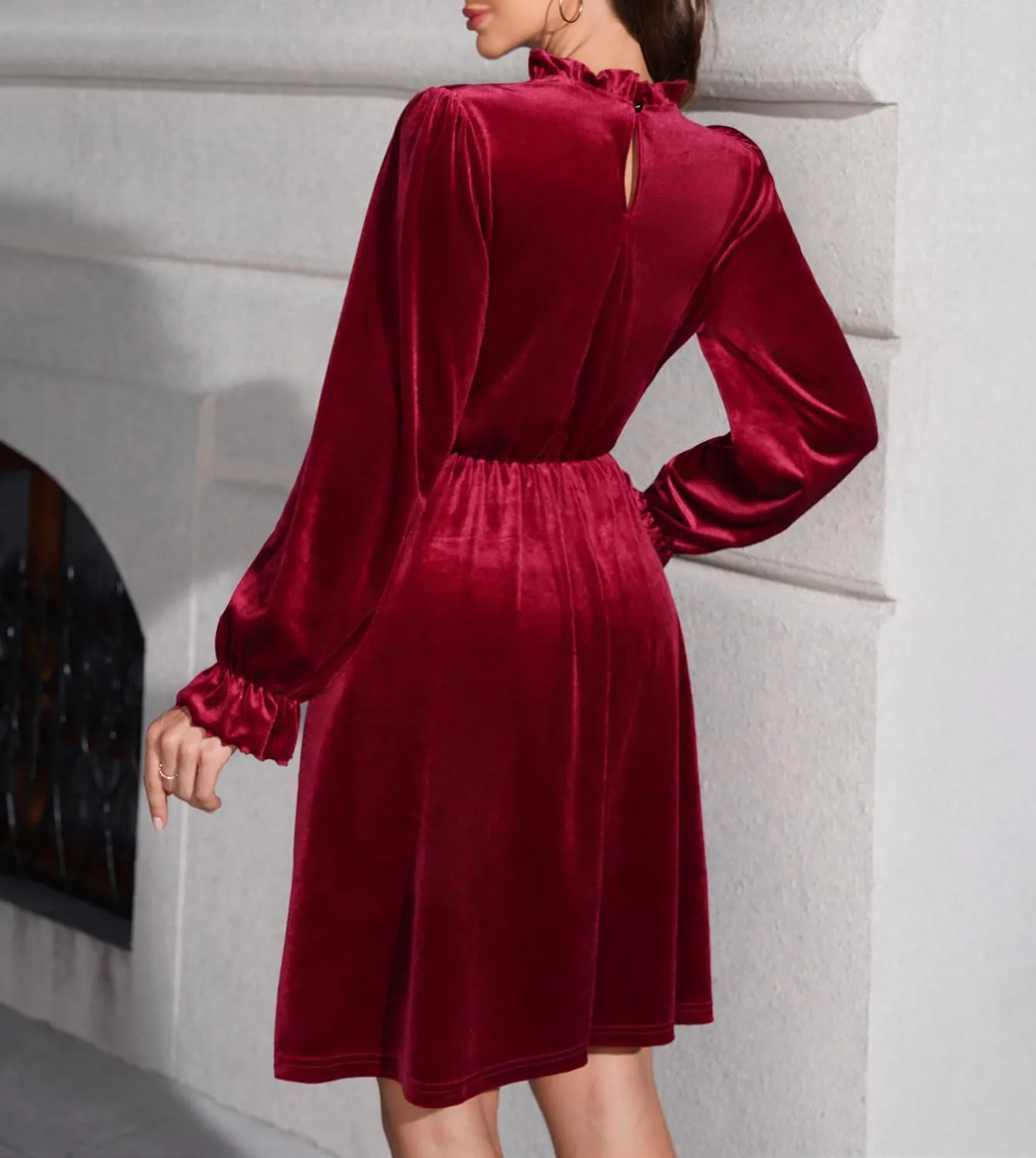 Womens Fall Velvet Dress, Crew Neck Long Sleeve Poet Cocktail Paneled Midi Dress for Wedding Guest