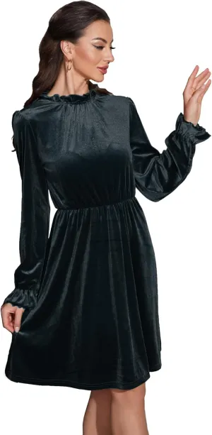 Womens Fall Velvet Dress, Crew Neck Long Sleeve Poet Cocktail Paneled Midi Dress for Wedding Guest