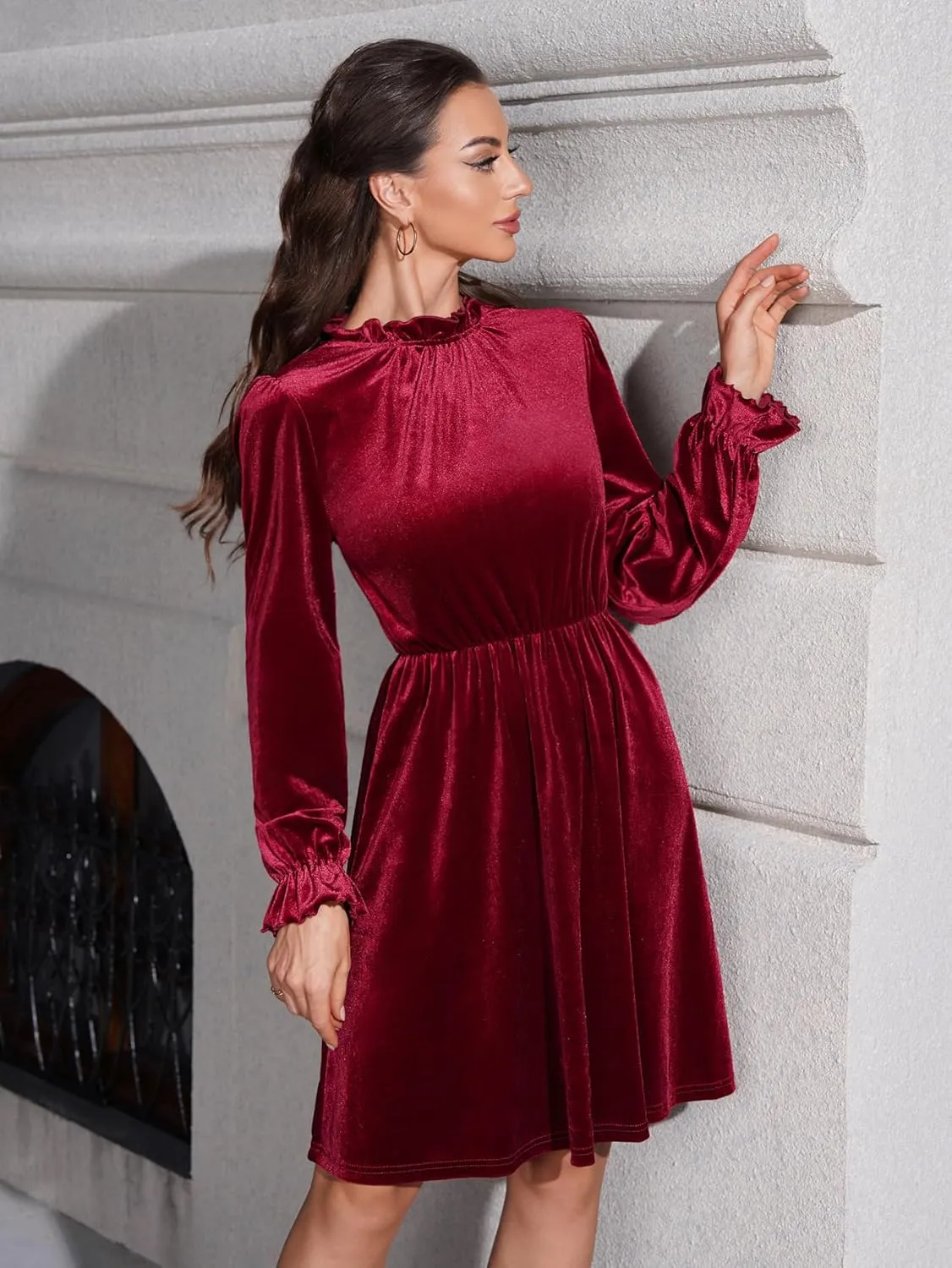 Womens Fall Velvet Dress, Crew Neck Long Sleeve Poet Cocktail Paneled Midi Dress for Wedding Guest