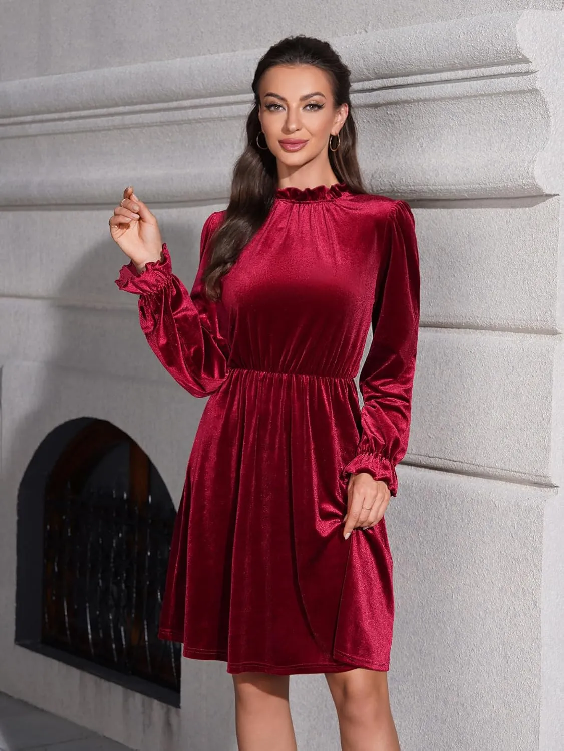 Womens Fall Velvet Dress, Crew Neck Long Sleeve Poet Cocktail Paneled Midi Dress for Wedding Guest