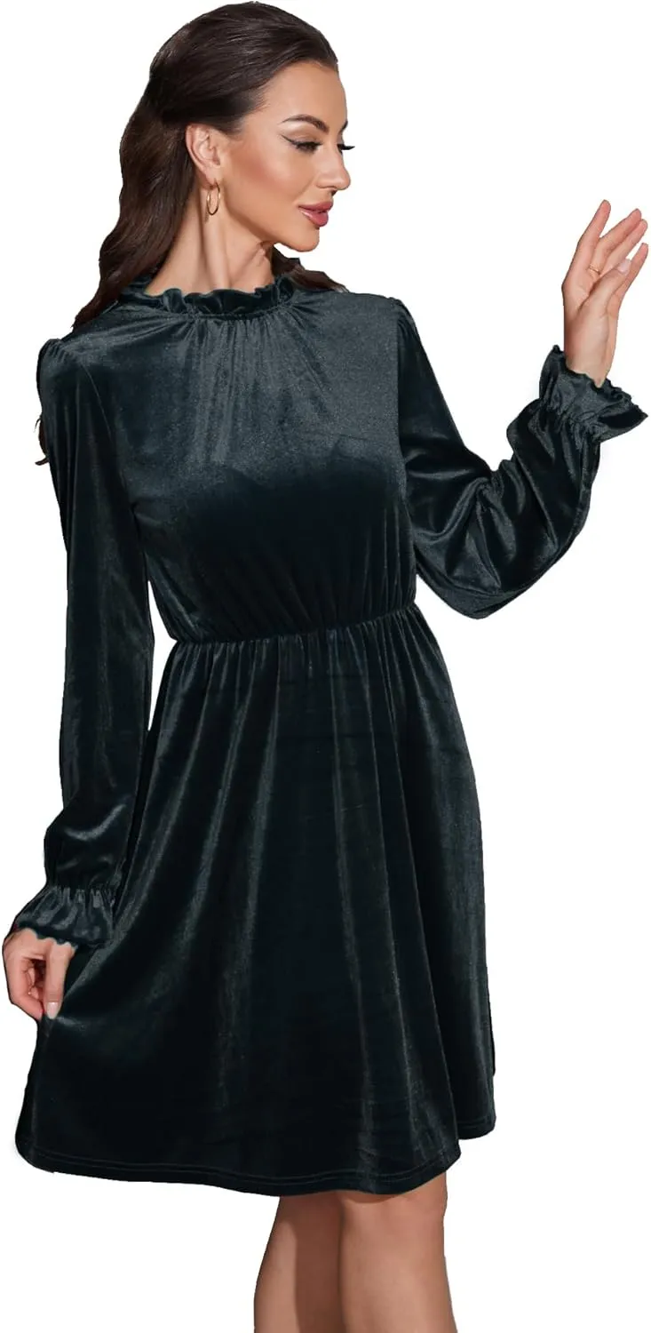 Womens Fall Velvet Dress, Crew Neck Long Sleeve Poet Cocktail Paneled Midi Dress for Wedding Guest