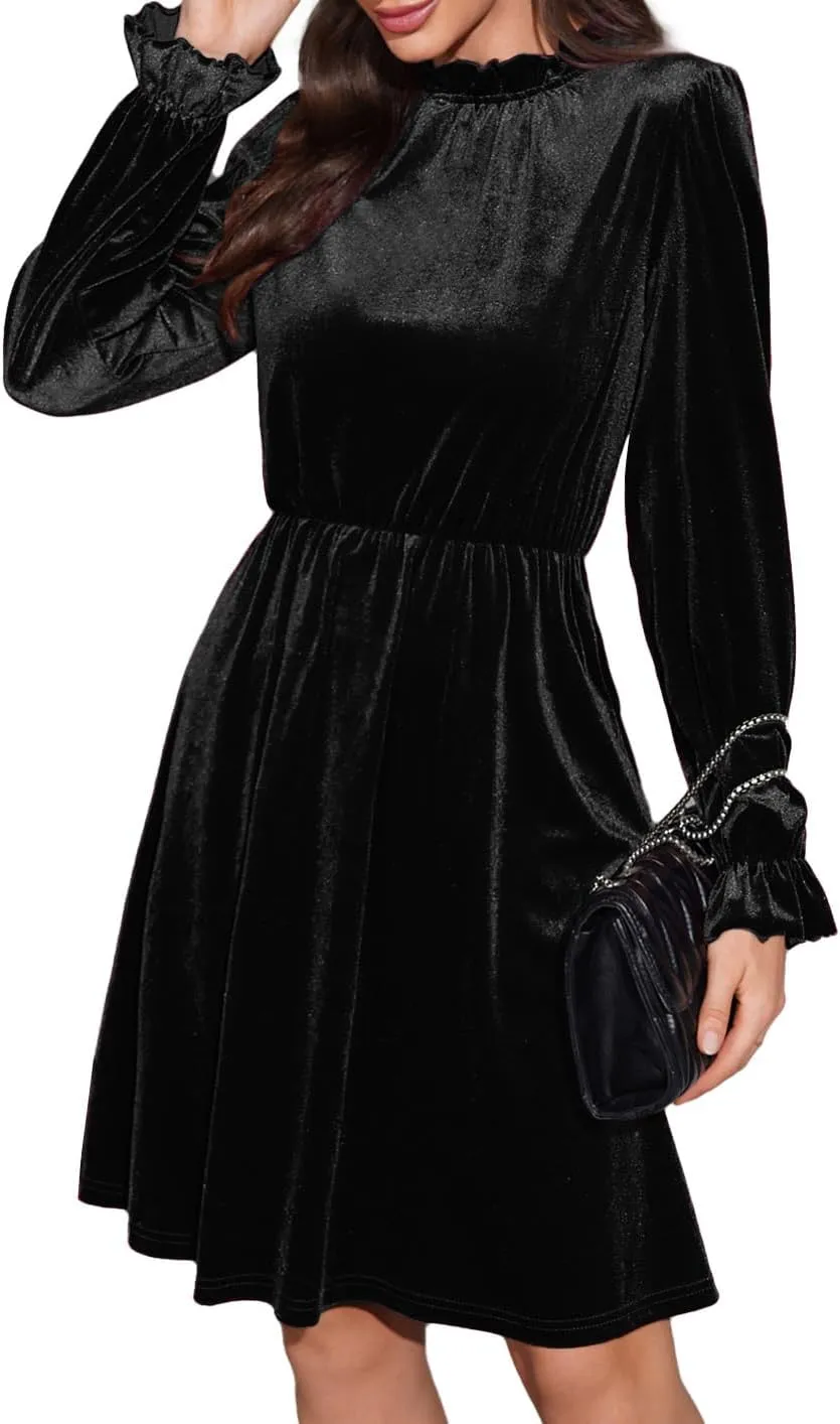Womens Fall Velvet Dress, Crew Neck Long Sleeve Poet Cocktail Paneled Midi Dress for Wedding Guest