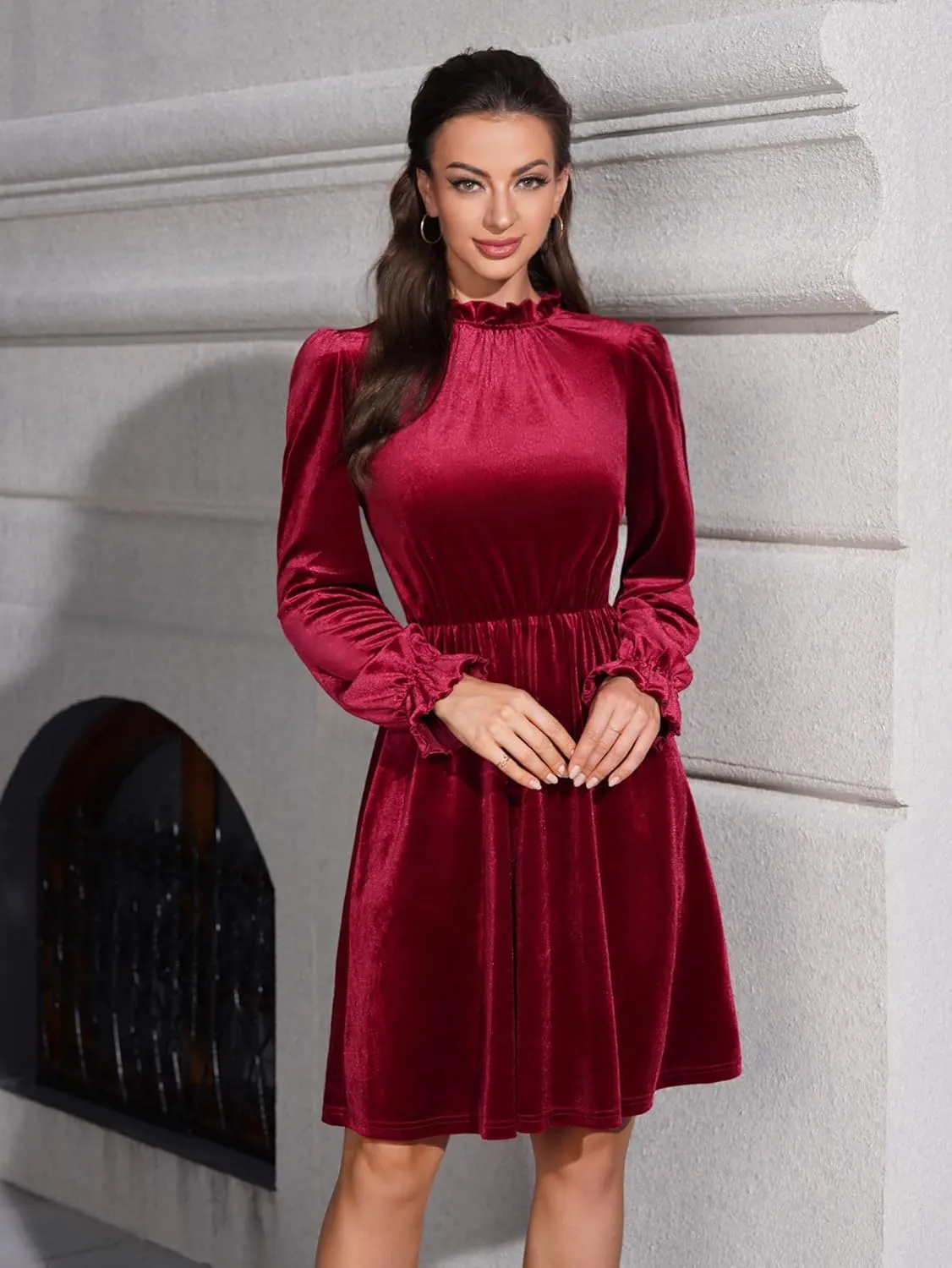 Womens Fall Velvet Dress, Crew Neck Long Sleeve Poet Cocktail Paneled Midi Dress for Wedding Guest