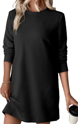 Women's Pullover Sweatshirt Dress Crewneck Long Sleeve 2025 Trendy Fall Casual Textured Mini Dresses with Pockets