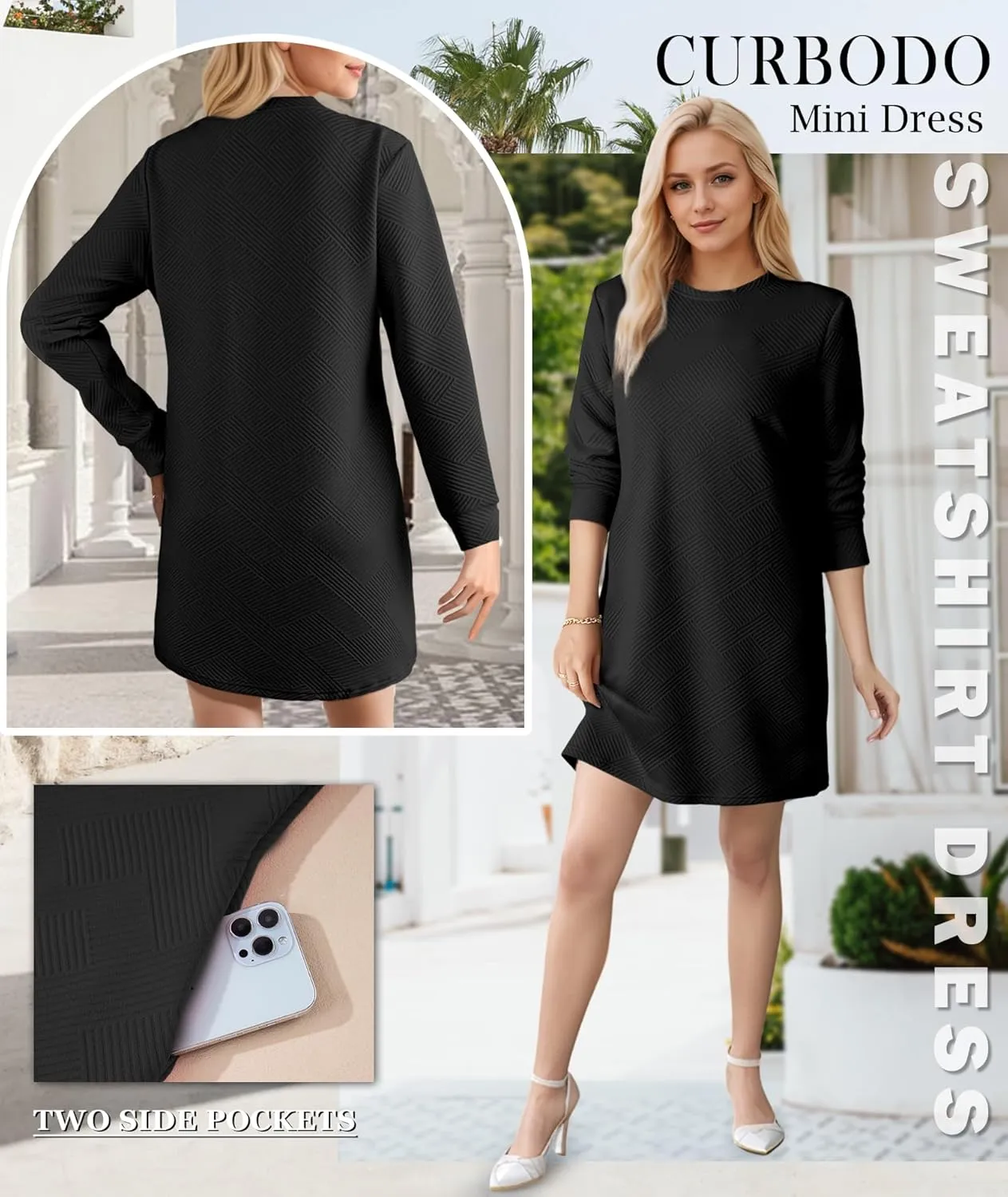 Women's Pullover Sweatshirt Dress Crewneck Long Sleeve 2025 Trendy Fall Casual Textured Mini Dresses with Pockets