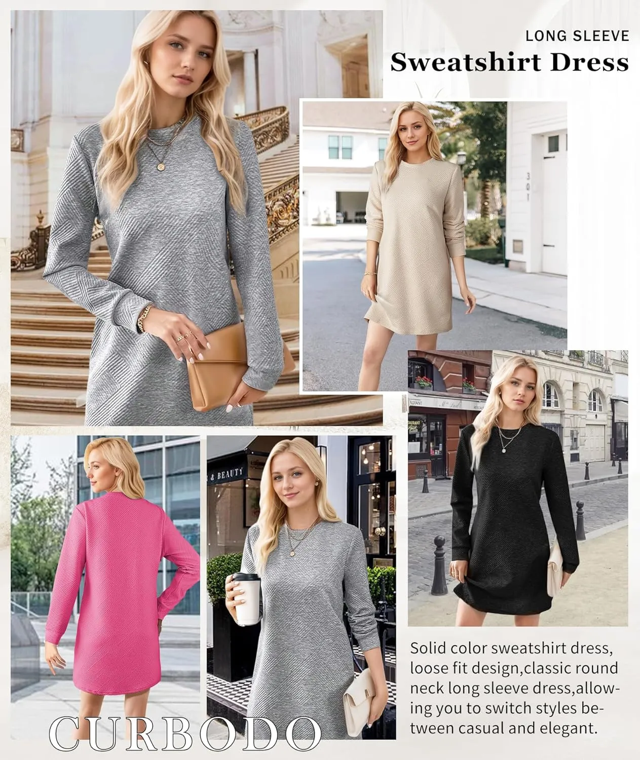 Women's Pullover Sweatshirt Dress Crewneck Long Sleeve 2025 Trendy Fall Casual Textured Mini Dresses with Pockets