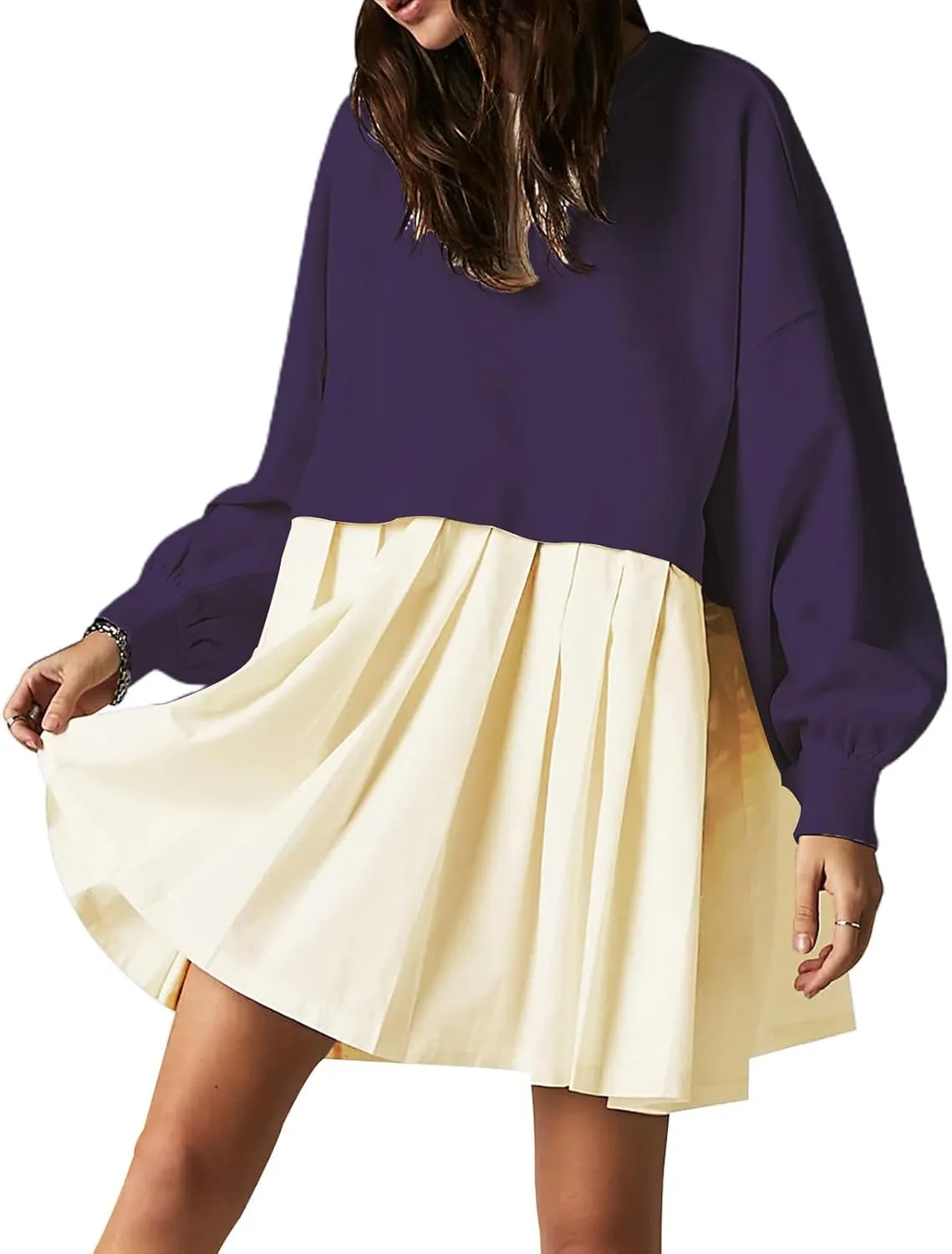 Women's Pullover Sweatshirt Dress Long Sleeve Loose Flowy Pleated 2024 Fall Mini Dress Tops