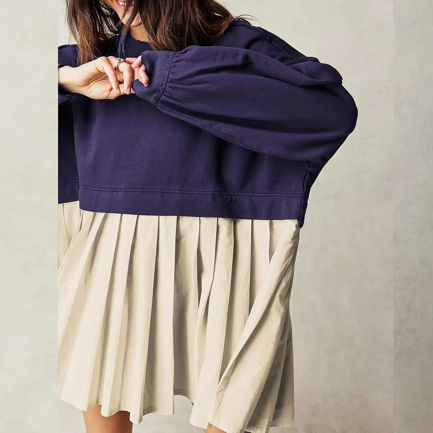 Women's Pullover Sweatshirt Dress Long Sleeve Loose Flowy Pleated 2024 Fall Mini Dress Tops