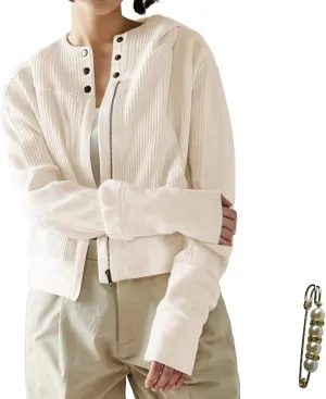 Womens Y2K Waffle Knit Hooded Sweater Thermal Sweatshirt Ribbed Cuffs Pockets Button Details Casual Outerwear