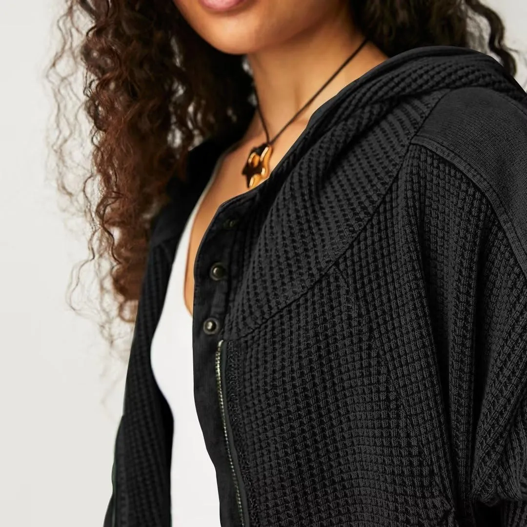 Womens Y2K Waffle Knit Hooded Sweater Thermal Sweatshirt Ribbed Cuffs Pockets Button Details Casual Outerwear