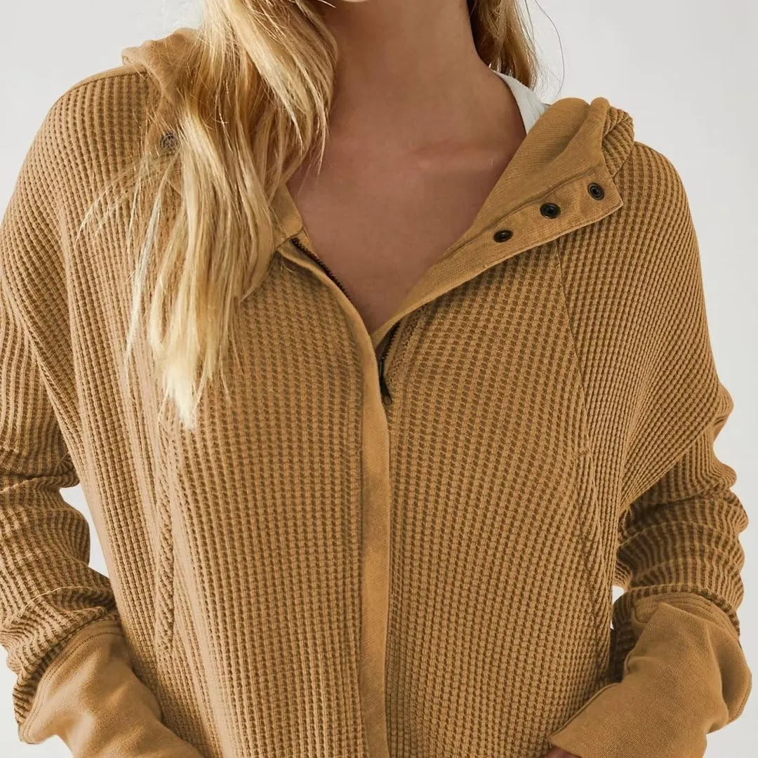Womens Y2K Waffle Knit Hooded Sweater Thermal Sweatshirt Ribbed Cuffs Pockets Button Details Casual Outerwear