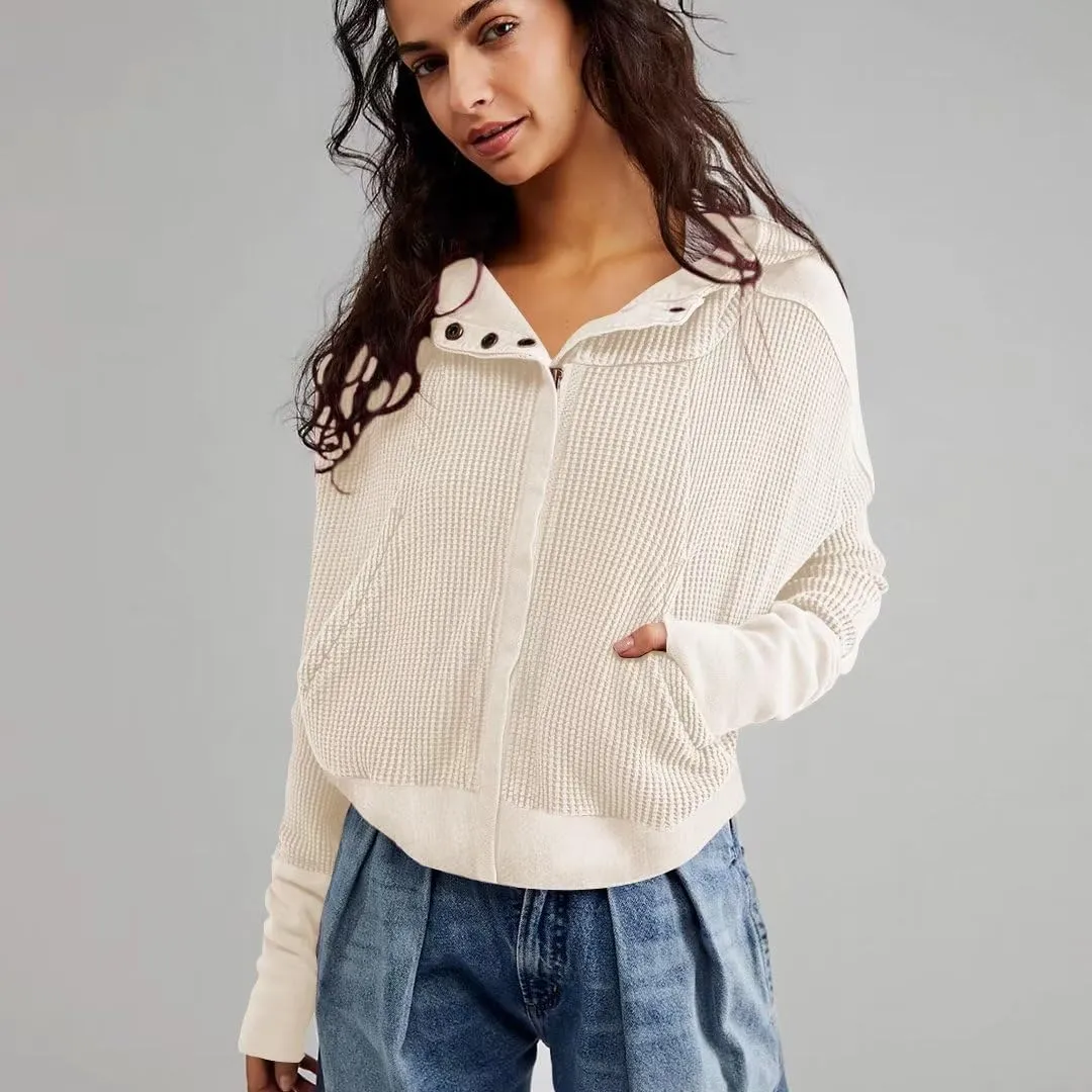 Womens Y2K Waffle Knit Hooded Sweater Thermal Sweatshirt Ribbed Cuffs Pockets Button Details Casual Outerwear