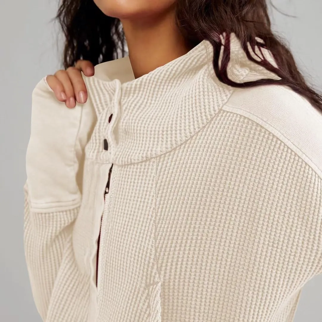 Womens Y2K Waffle Knit Hooded Sweater Thermal Sweatshirt Ribbed Cuffs Pockets Button Details Casual Outerwear
