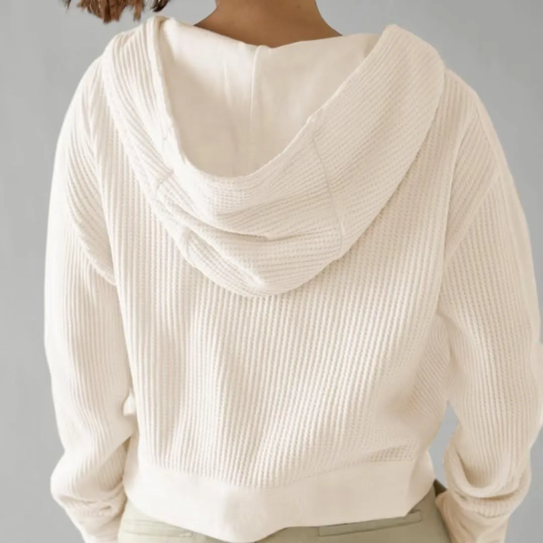 Womens Y2K Waffle Knit Hooded Sweater Thermal Sweatshirt Ribbed Cuffs Pockets Button Details Casual Outerwear
