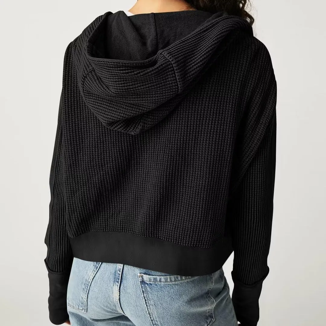 Womens Y2K Waffle Knit Hooded Sweater Thermal Sweatshirt Ribbed Cuffs Pockets Button Details Casual Outerwear