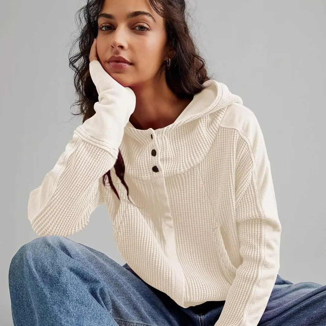 Womens Y2K Waffle Knit Hooded Sweater Thermal Sweatshirt Ribbed Cuffs Pockets Button Details Casual Outerwear