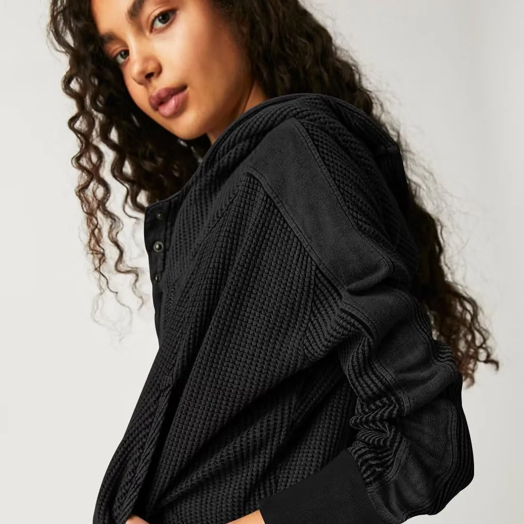 Womens Y2K Waffle Knit Hooded Sweater Thermal Sweatshirt Ribbed Cuffs Pockets Button Details Casual Outerwear