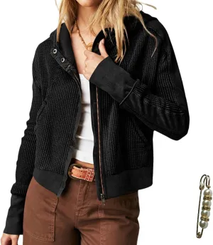 Womens Y2K Waffle Knit Hooded Sweater Thermal Sweatshirt Ribbed Cuffs Pockets Button Details Casual Outerwear