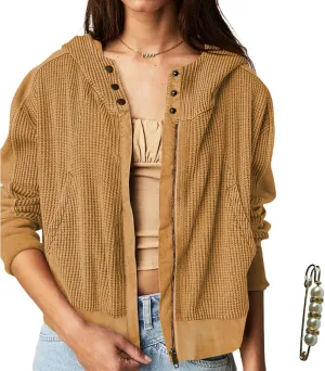 Womens Y2K Waffle Knit Hooded Sweater Thermal Sweatshirt Ribbed Cuffs Pockets Button Details Casual Outerwear