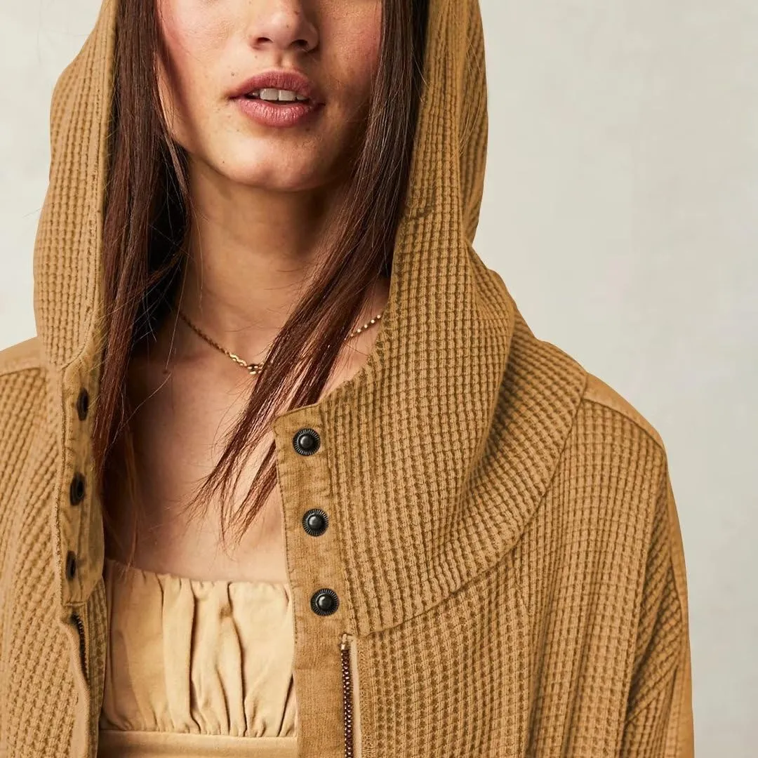 Womens Y2K Waffle Knit Hooded Sweater Thermal Sweatshirt Ribbed Cuffs Pockets Button Details Casual Outerwear