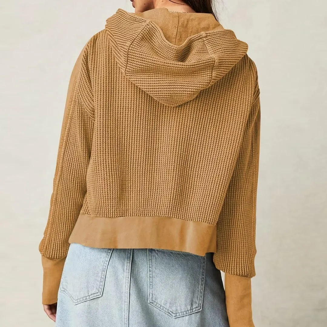 Womens Y2K Waffle Knit Hooded Sweater Thermal Sweatshirt Ribbed Cuffs Pockets Button Details Casual Outerwear