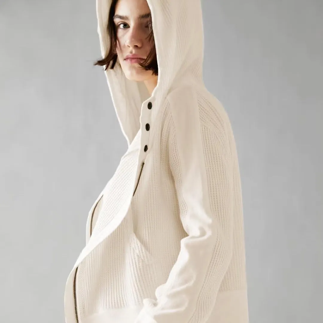 Womens Y2K Waffle Knit Hooded Sweater Thermal Sweatshirt Ribbed Cuffs Pockets Button Details Casual Outerwear