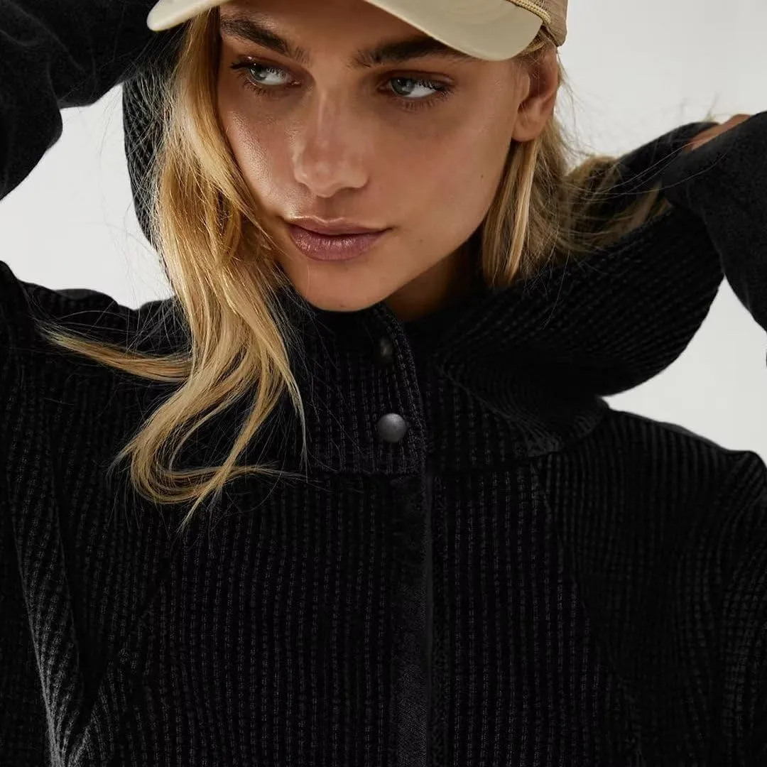 Womens Y2K Waffle Knit Hooded Sweater Thermal Sweatshirt Ribbed Cuffs Pockets Button Details Casual Outerwear