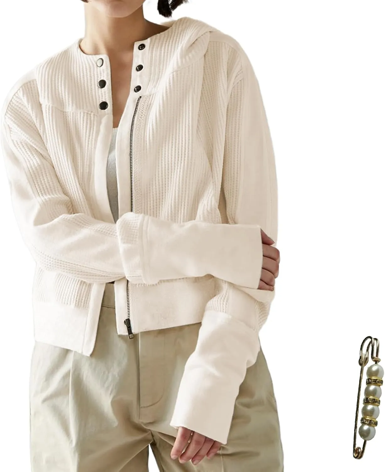 Womens Y2K Waffle Knit Hooded Sweater Thermal Sweatshirt Ribbed Cuffs Pockets Button Details Casual Outerwear