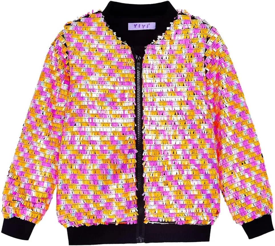 YIYI Girls Jackets Sequin Bomber Glitter Sparkly Varsity Kids Shiny Trendy Birthday Party Clothes Halloween Christmas