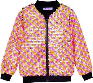 YIYI Girls Jackets Sequin Bomber Glitter Sparkly Varsity Kids Shiny Trendy Birthday Party Clothes Halloween Christmas