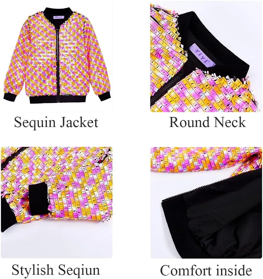 YIYI Girls Jackets Sequin Bomber Glitter Sparkly Varsity Kids Shiny Trendy Birthday Party Clothes Halloween Christmas
