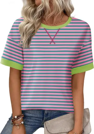 Zeagoo Womens Summer Tops Oversized Crewneck Short Sleeve Striped Shirts Casual Loose Sweatshirt 2025 Basic Tee Blouse